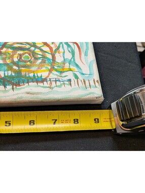Original Abstract Eye Painting Small Canvas Teal Brown Blue Modern Outsider Art